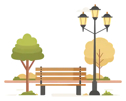 Park Bench with Lamp Post and Trees in the Background