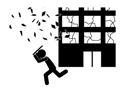 Collapsing Building with Debris and Running Person
