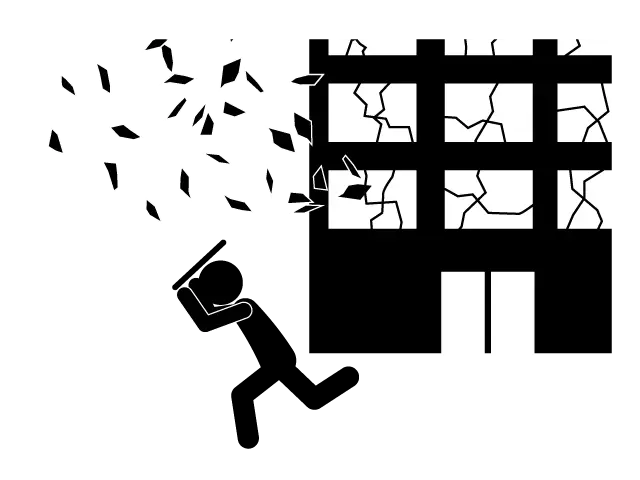 Collapsing Building with Debris and Running Person