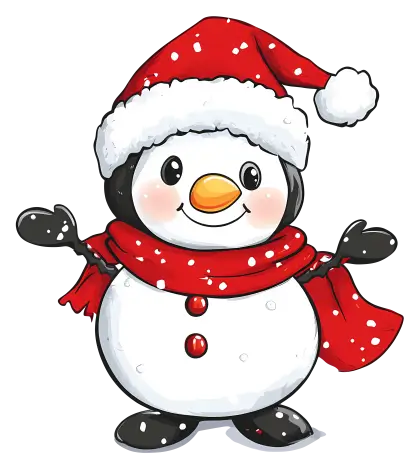 Jolly cartoon snowman with red scarf