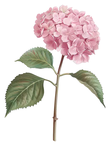 Detailed Pink Hydrangea Flower with Leaves