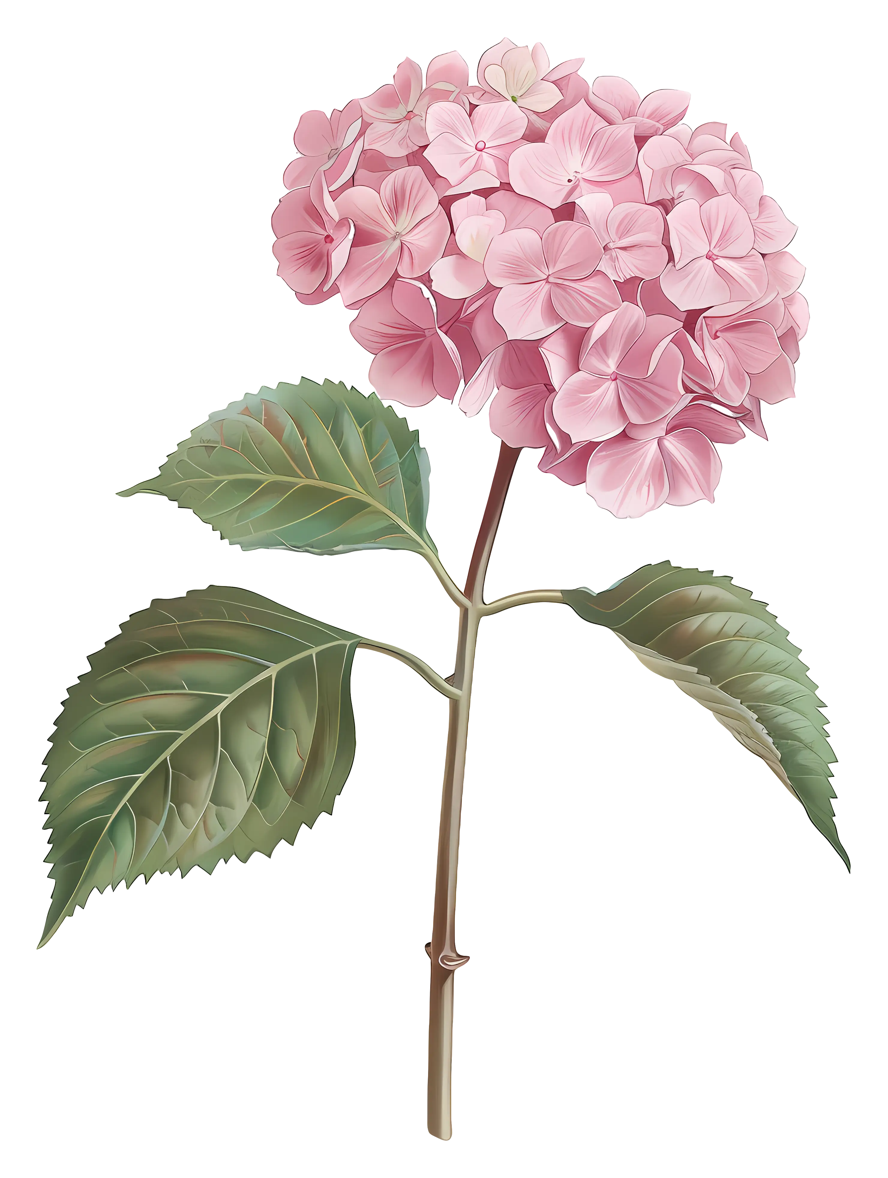 Detailed Pink Hydrangea Flower with Leaves