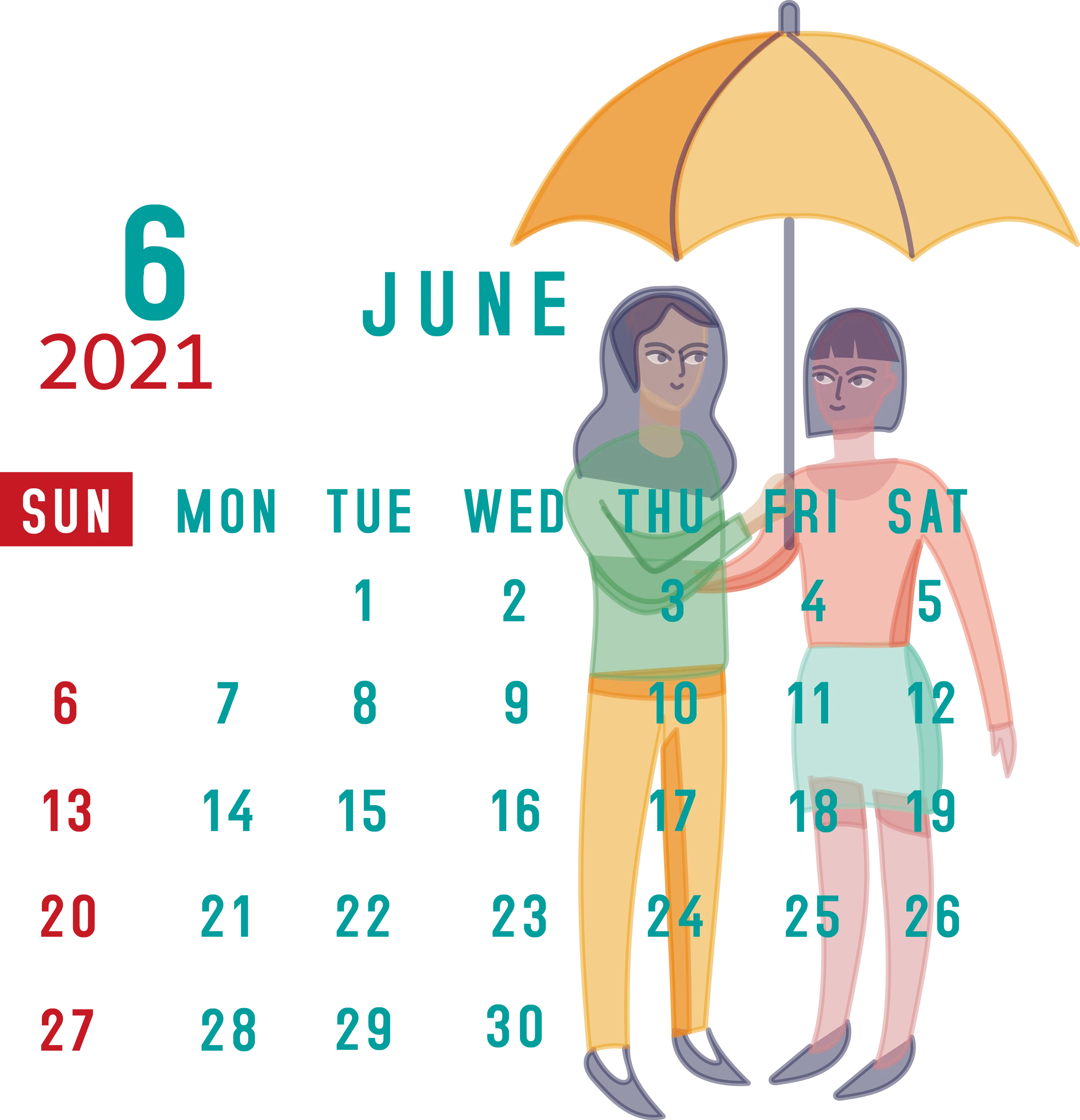 June 2021 Monthly Illustrated Calendar