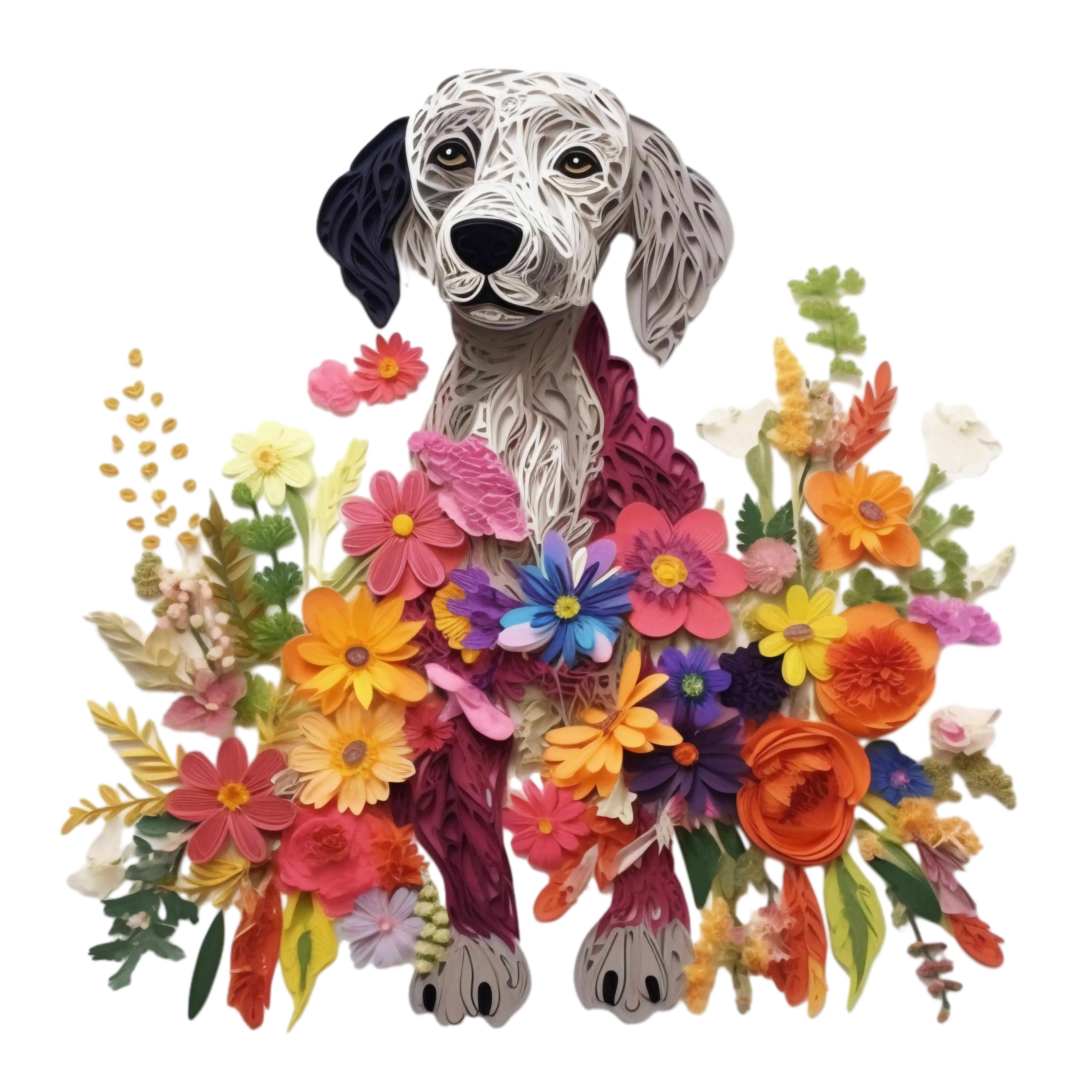 Dog and Colorful Floral Design Illustration