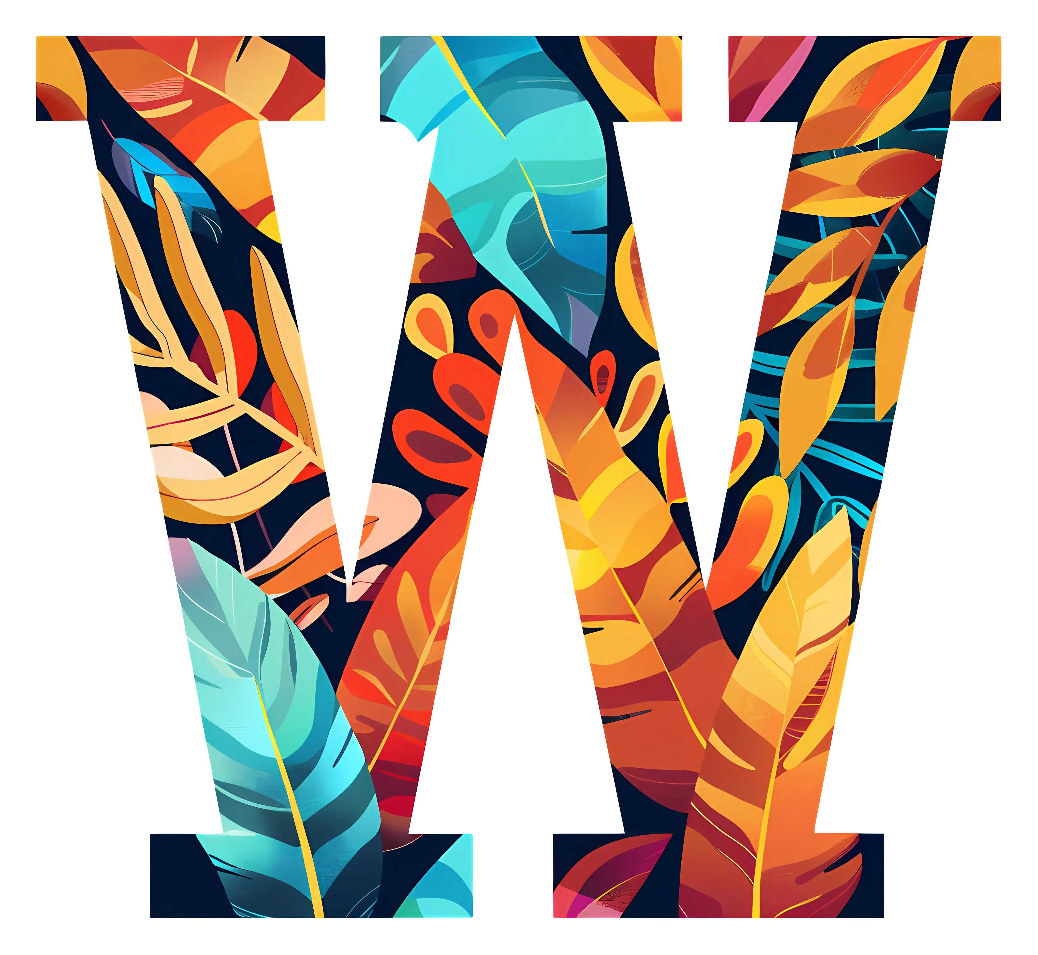 Floral Letter W with Vibrant Leaves Design
