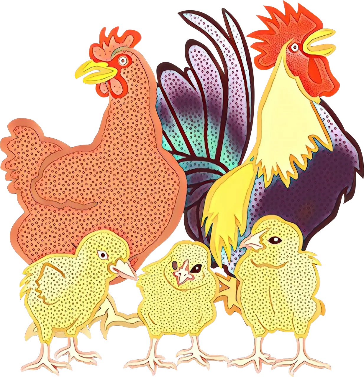 Illustration of cartoon chickens and chicks