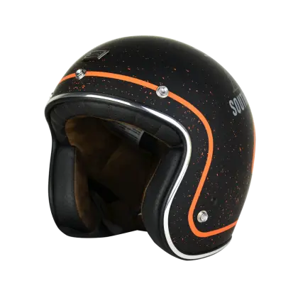Black Open-Face Motorcycle Helmet with Orange Stripes