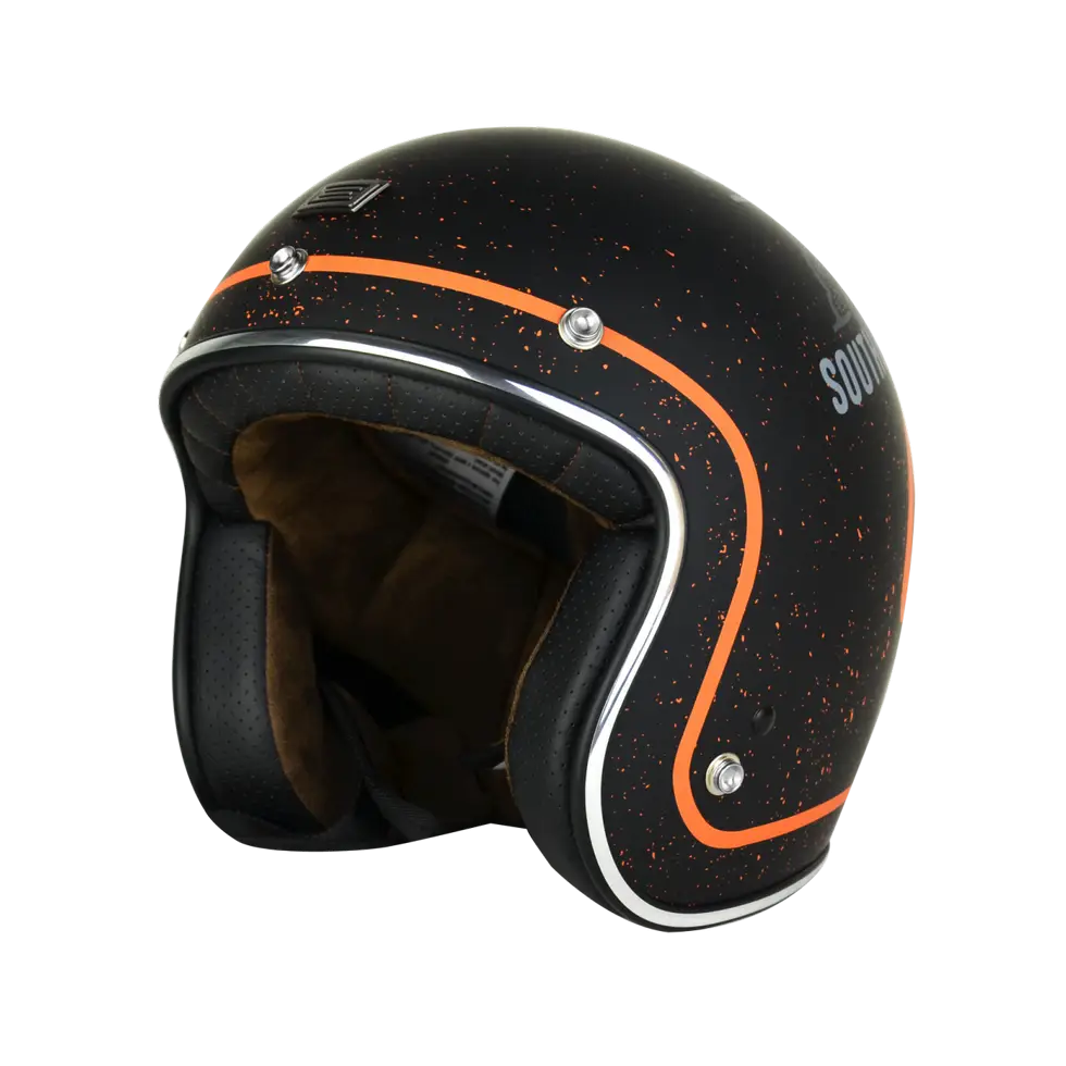 Black Open-Face Motorcycle Helmet with Orange Stripes