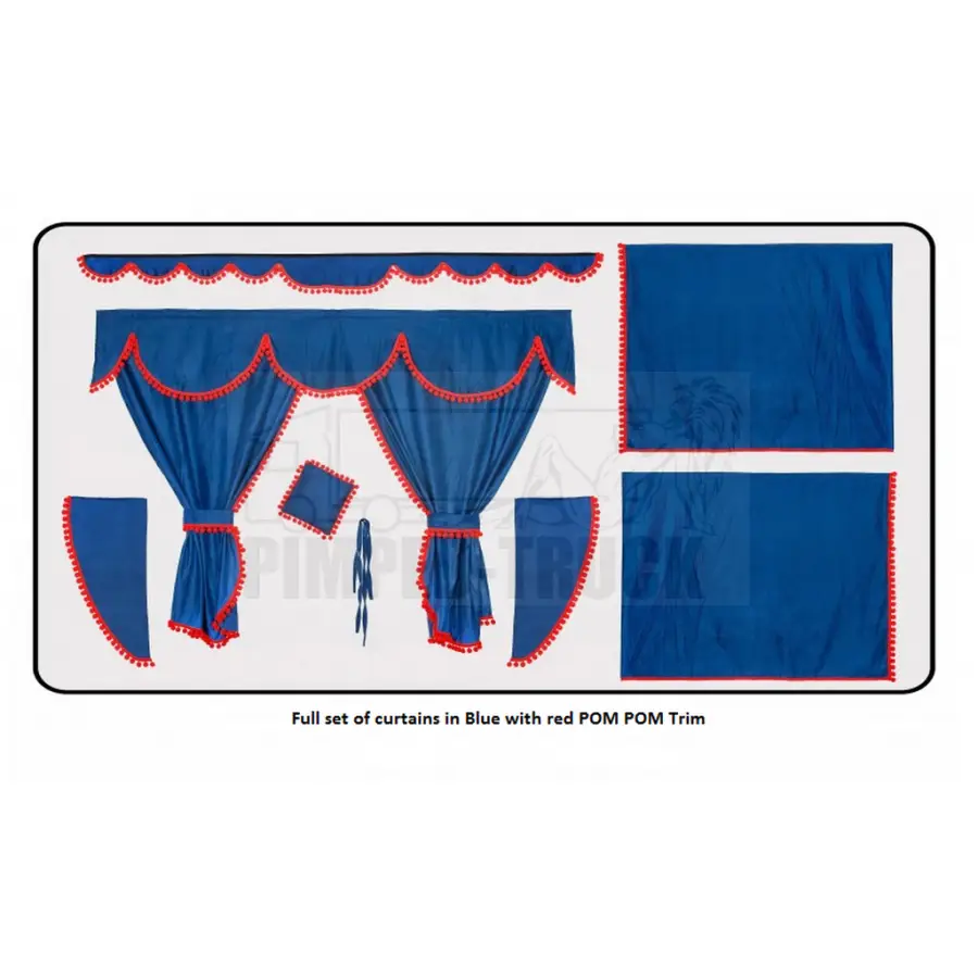 Blue Curtains Set with Red Trim