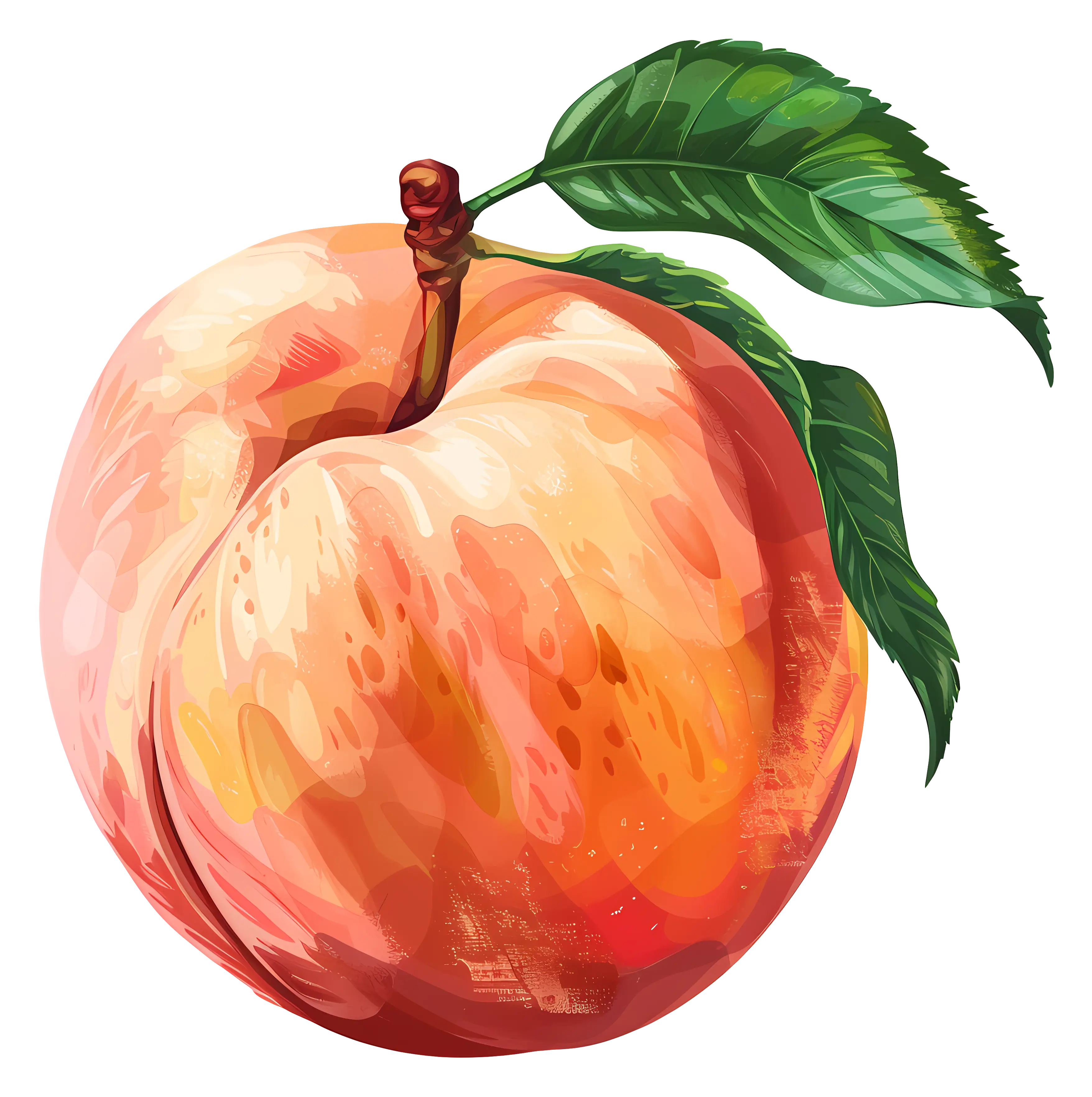 Illustration of a Ripe Peach with Leaves