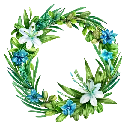 Botanical Floral Wreath with Green Leaves and Flowers