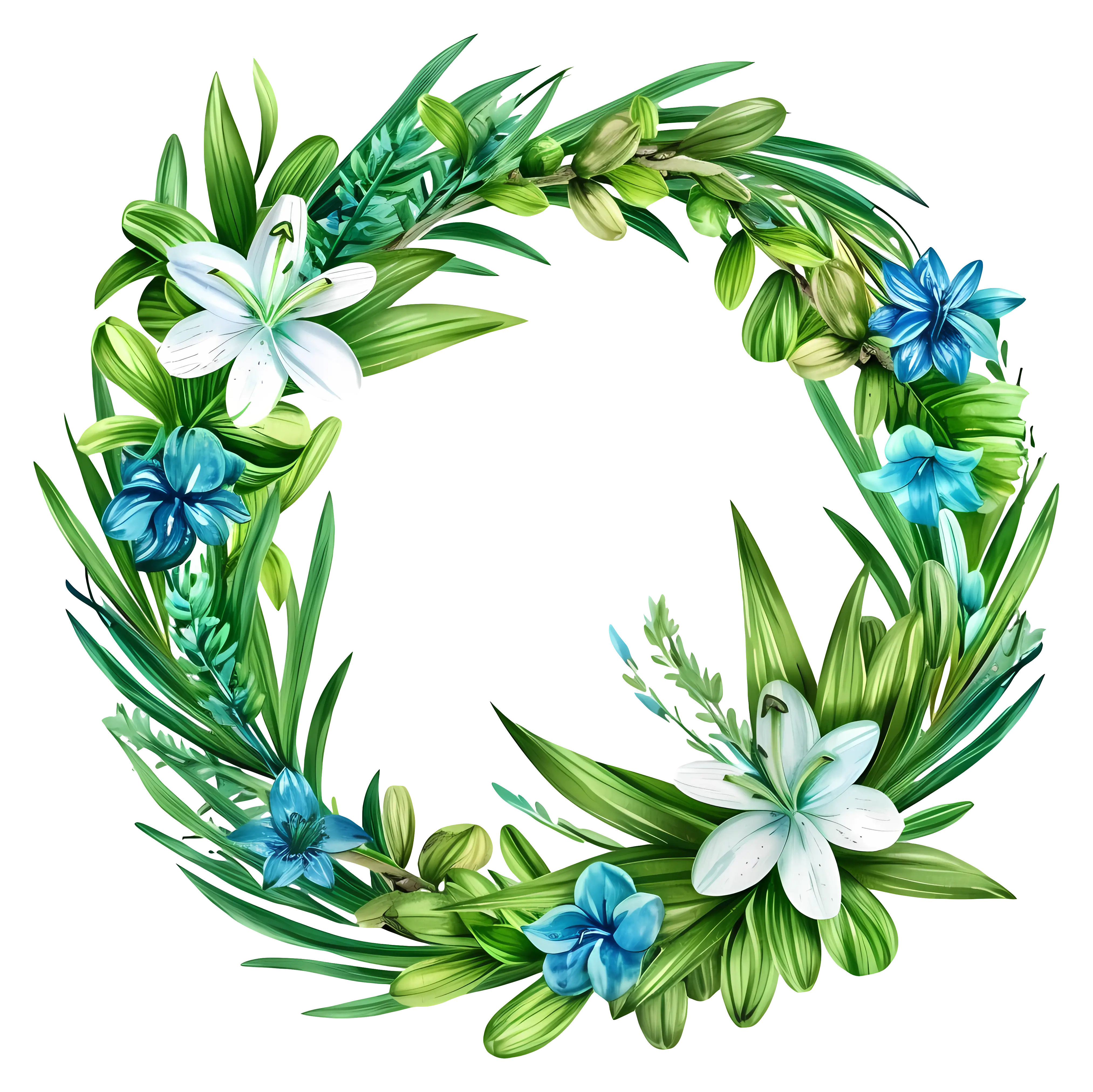 Botanical Floral Wreath with Green Leaves and Flowers