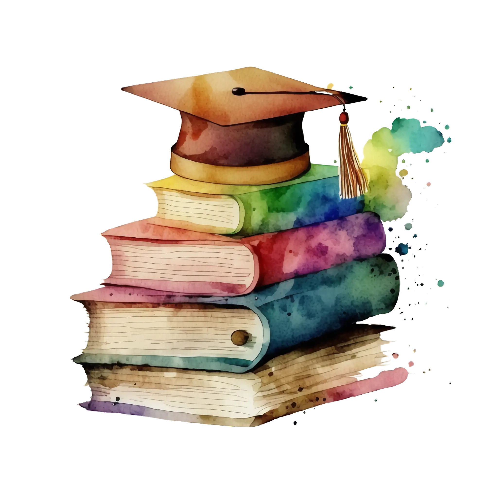 Watercolor Illustration of Graduation Cap and Books