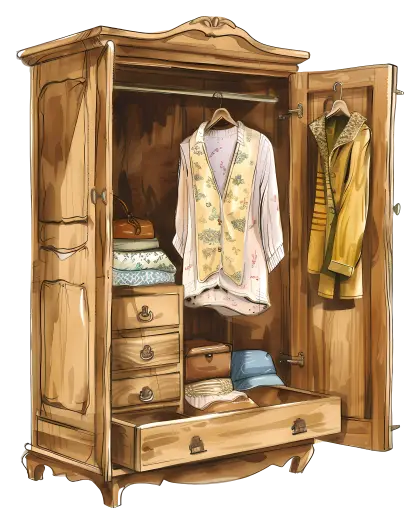 Vintage Wooden Wardrobe with Clothing