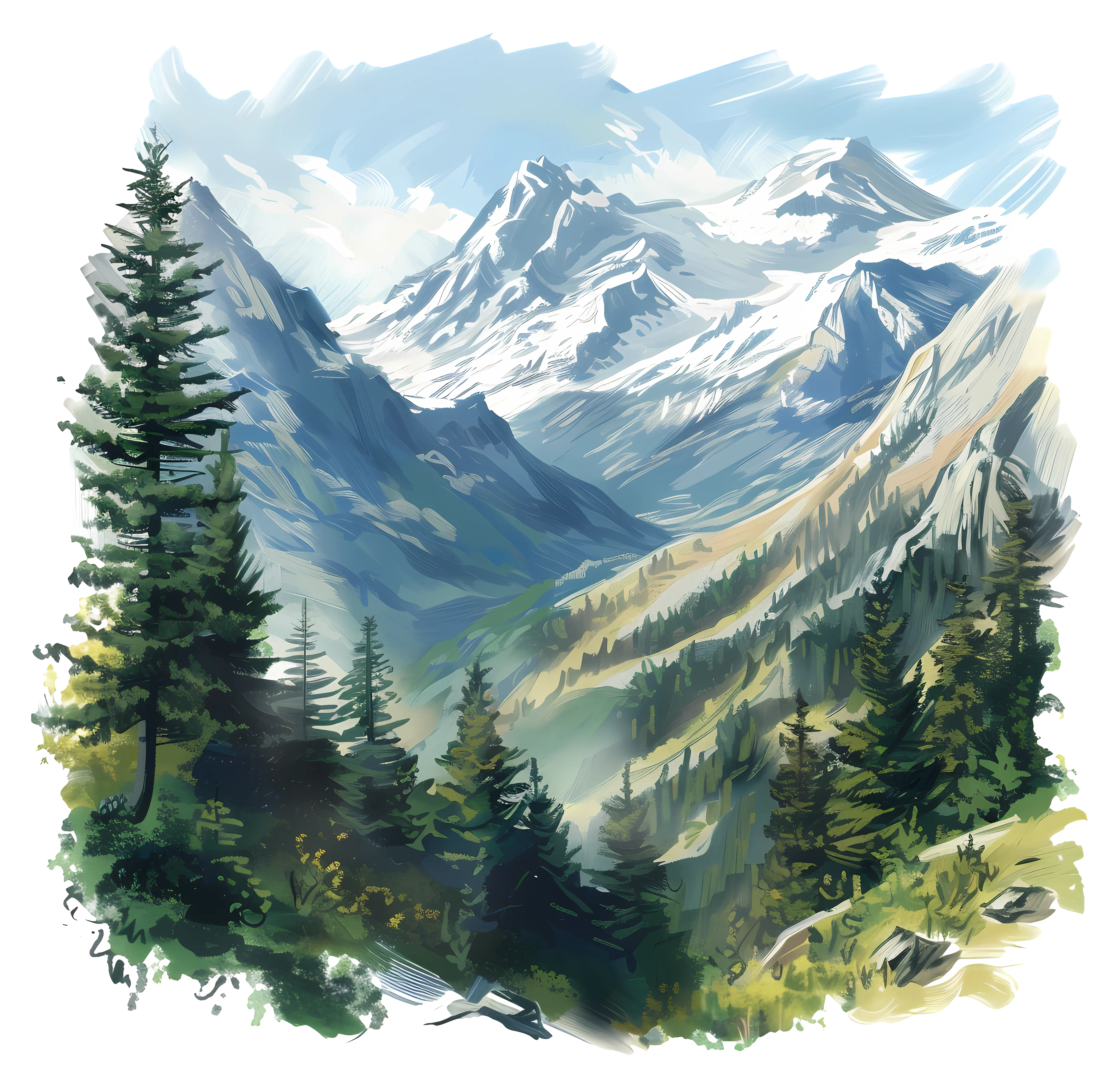 Serene Mountain Landscape Painting with Forest