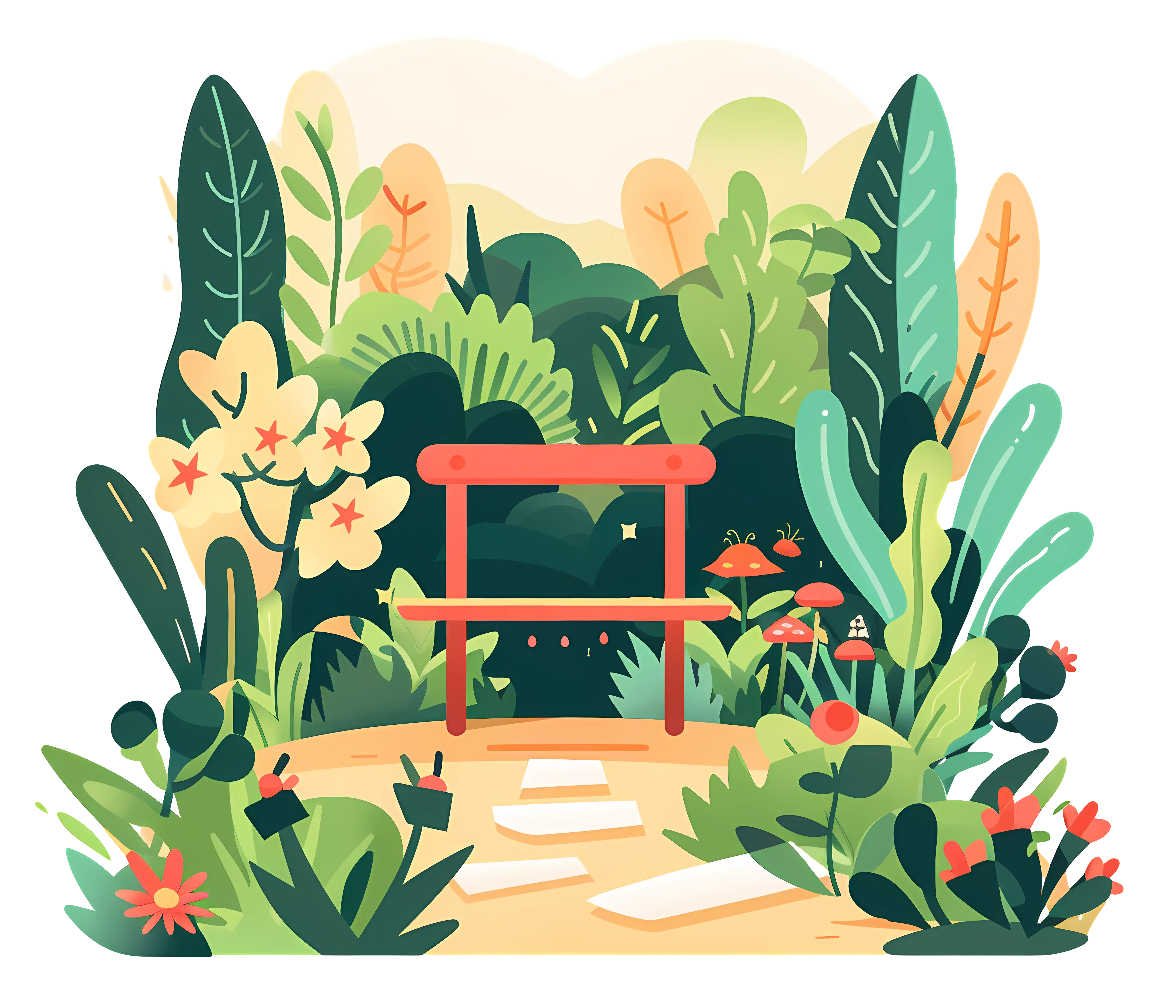 Garden Bench Illustration in a Lush Park