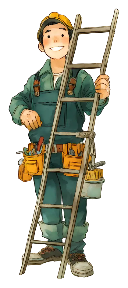 Cartoon Worker with Ladder and Tools