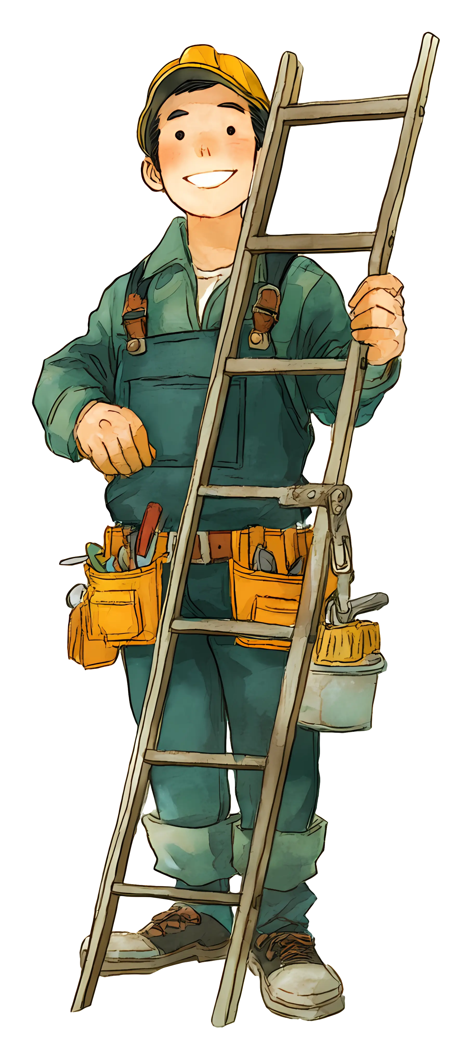 Cartoon Worker with Ladder and Tools