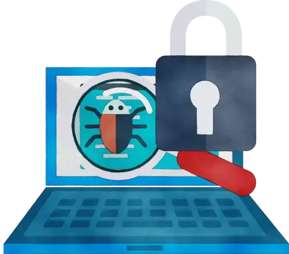 Laptop Cybersecurity with Bug and Lock Icon