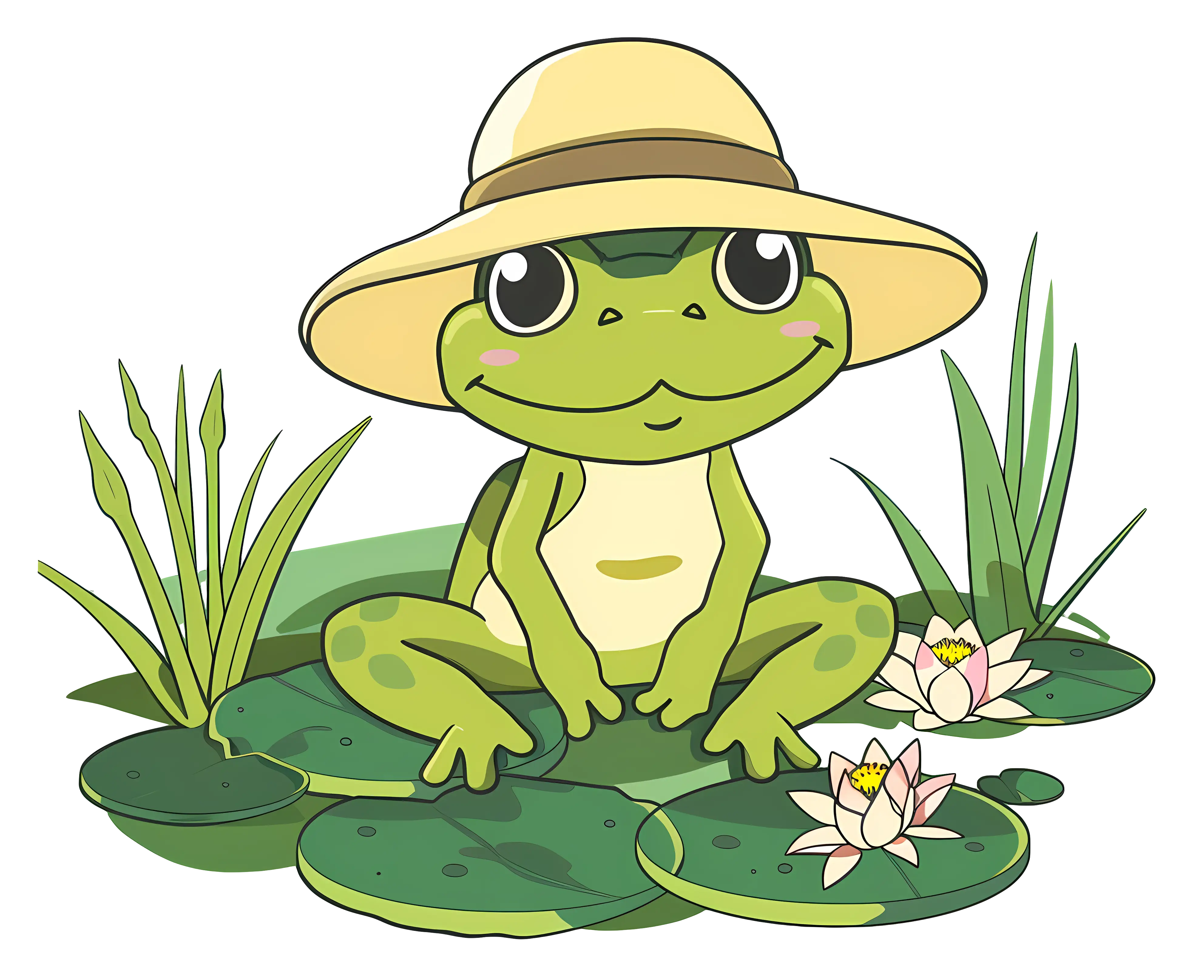 Cartoon Green Frog on Lily Pad with a Hat