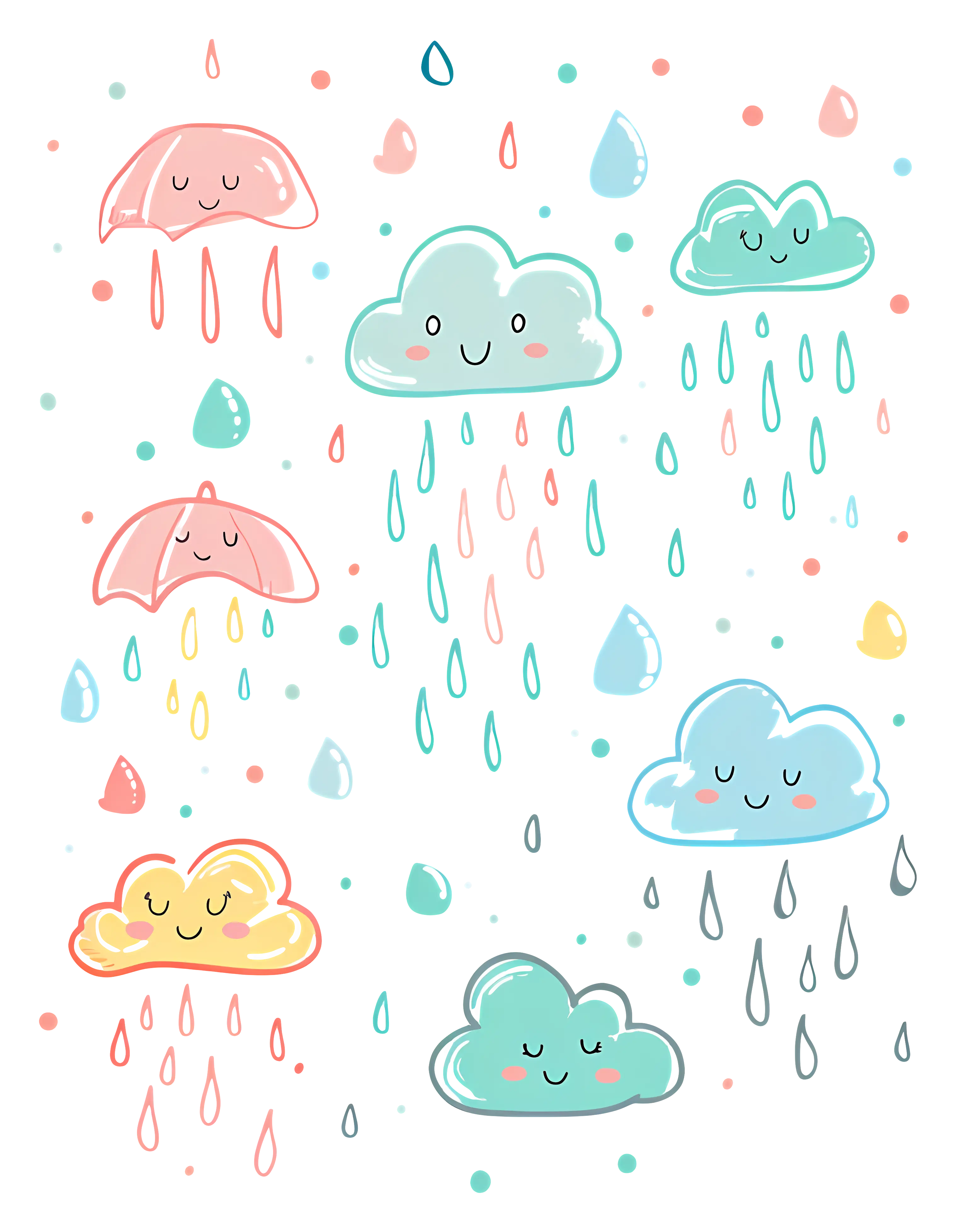 Cute Rain Clouds and Umbrellas Illustration