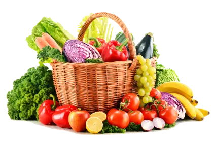 Wicker Basket Filled with Fresh Fruits and Vegetables