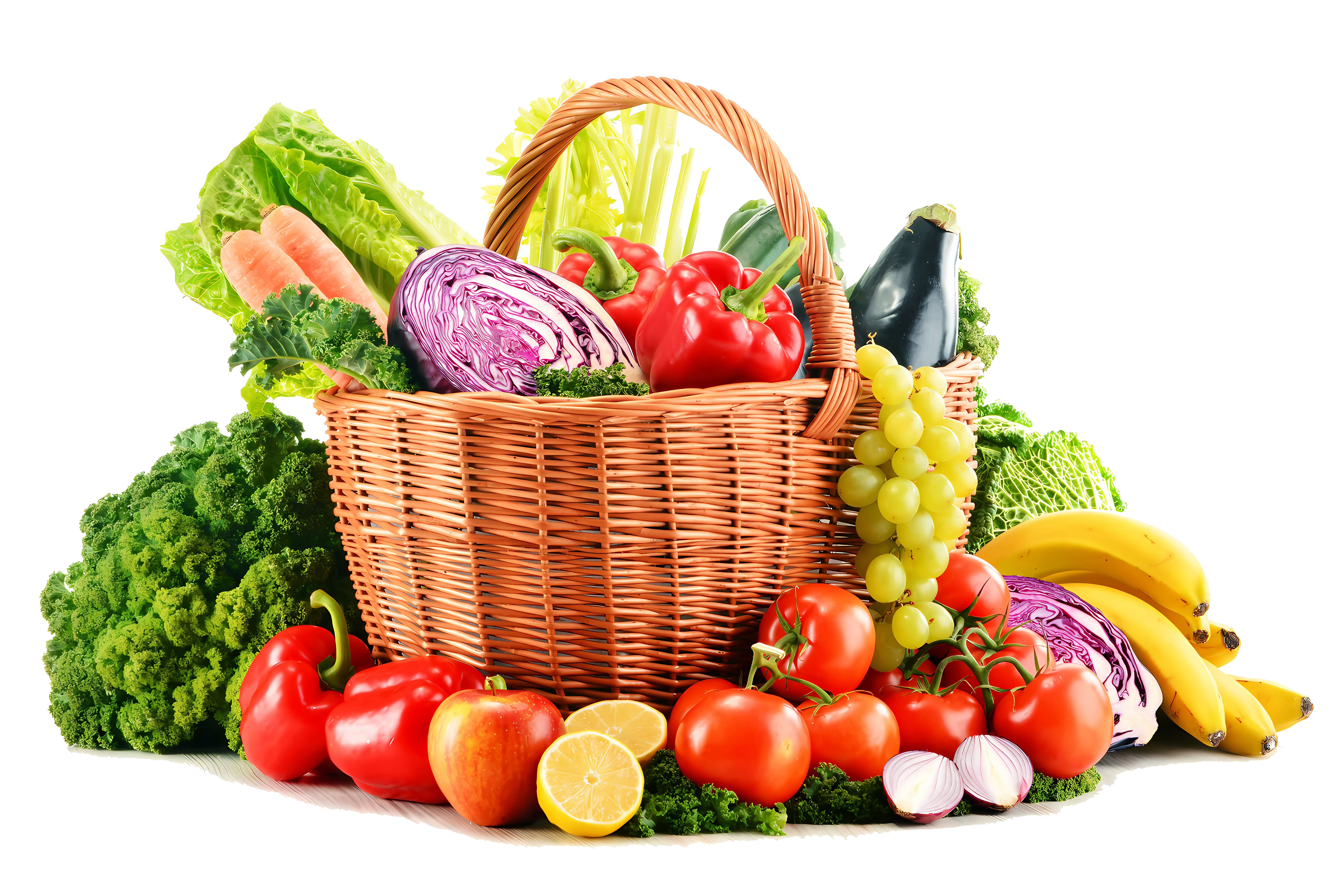Wicker Basket Filled with Fresh Fruits and Vegetables