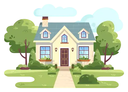 Cartoon Cute House with Green Garden