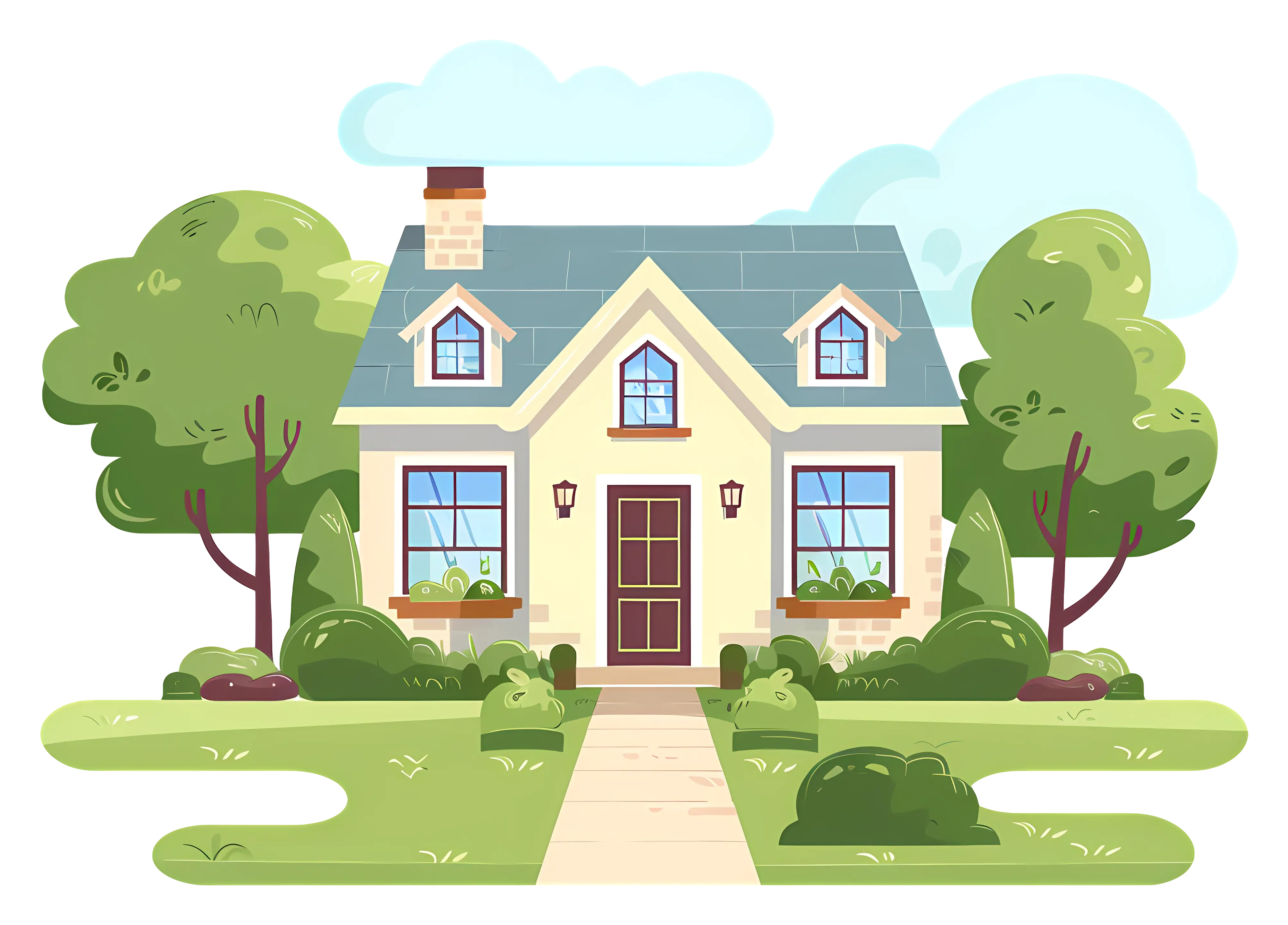 Cartoon Cute House with Green Garden
