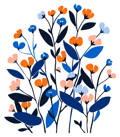 Bold Floral Illustration with Blue and Orange Flowers