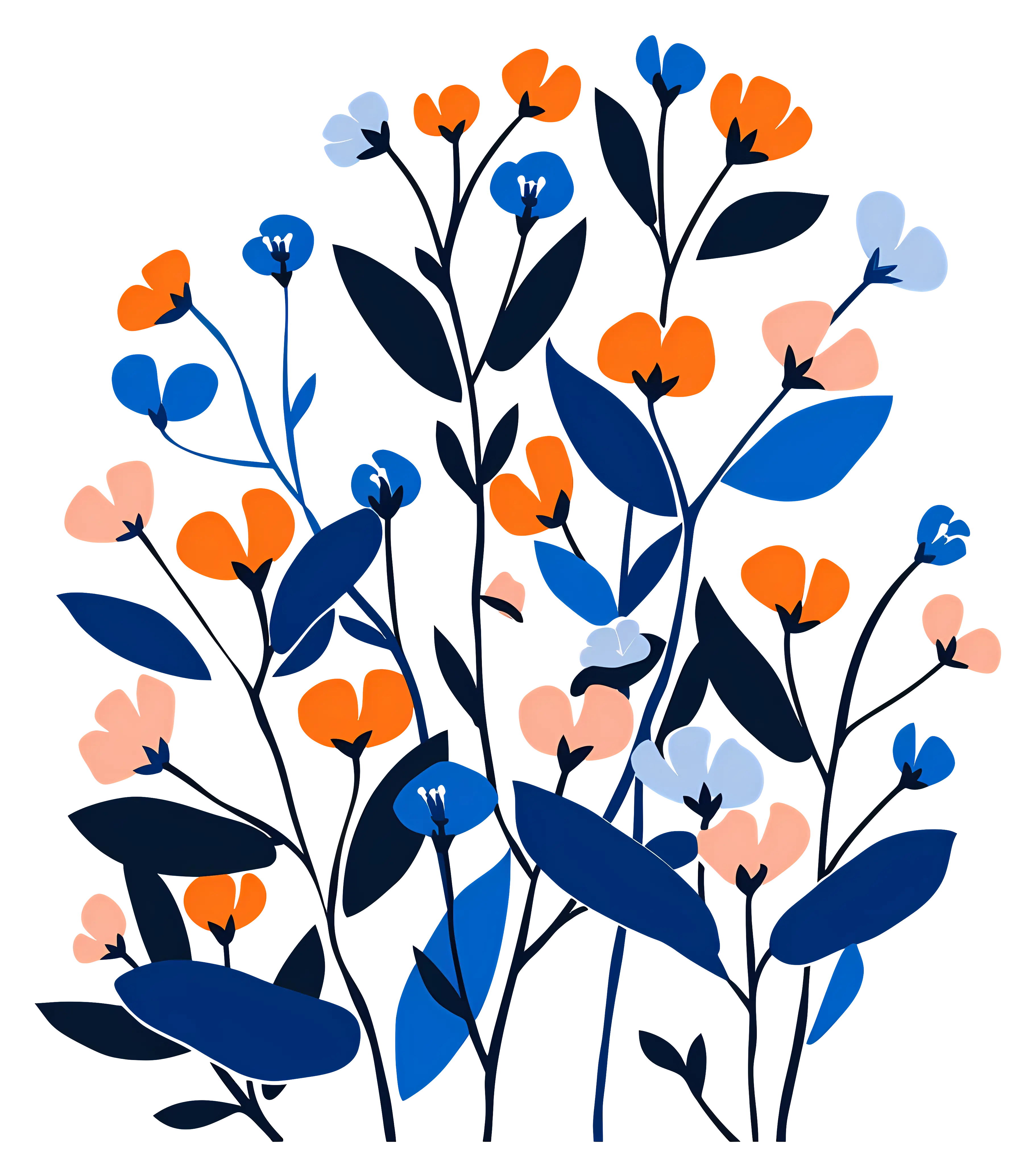 Bold Floral Illustration with Blue and Orange Flowers