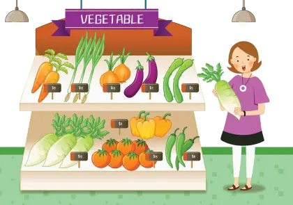 Cartoon Vegetable Stand with Shopper