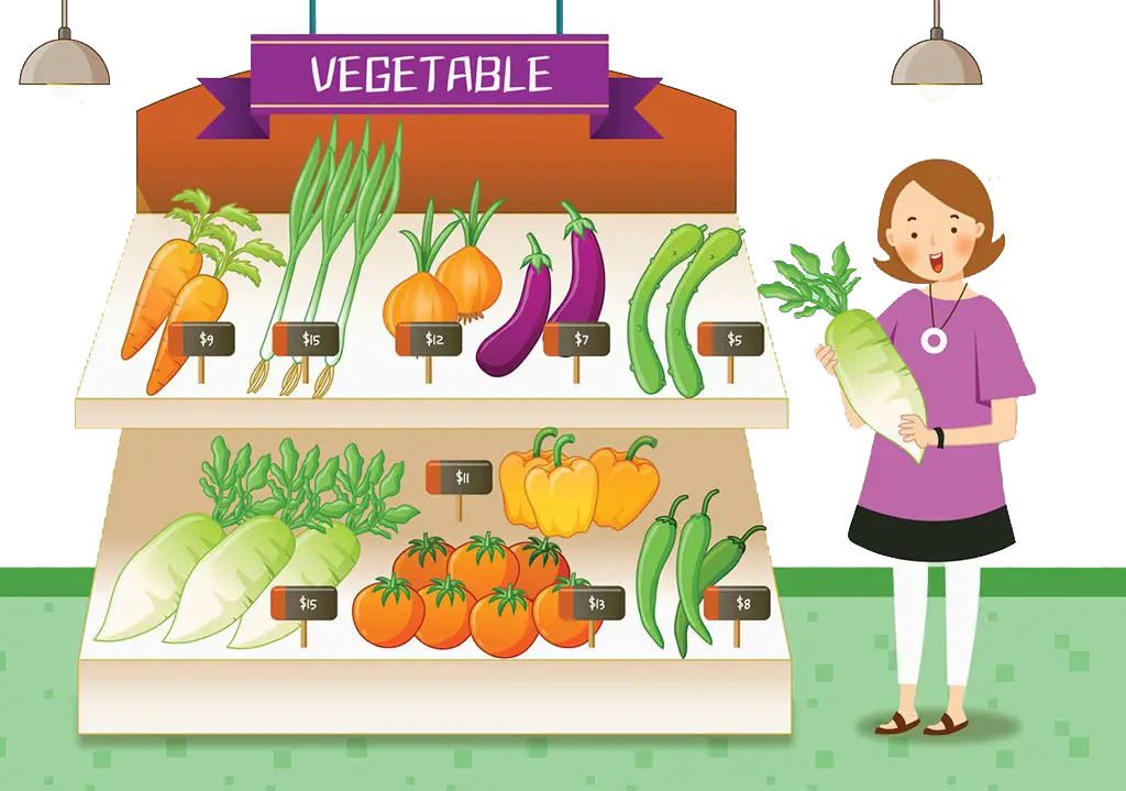 Cartoon Vegetable Stand with Shopper