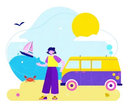 Cartoon Beach Scene with Camper Van