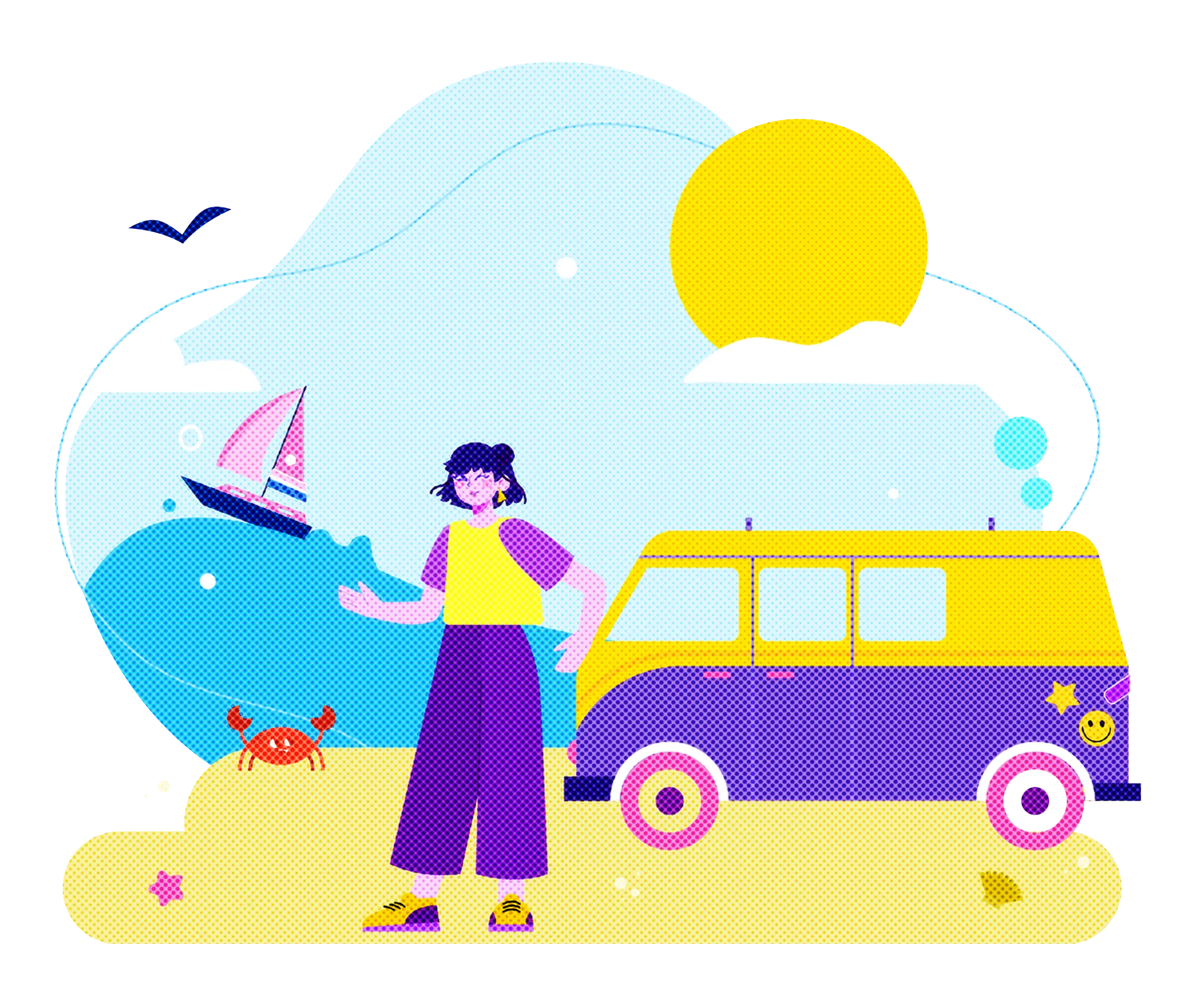 Cartoon Beach Scene with Camper Van