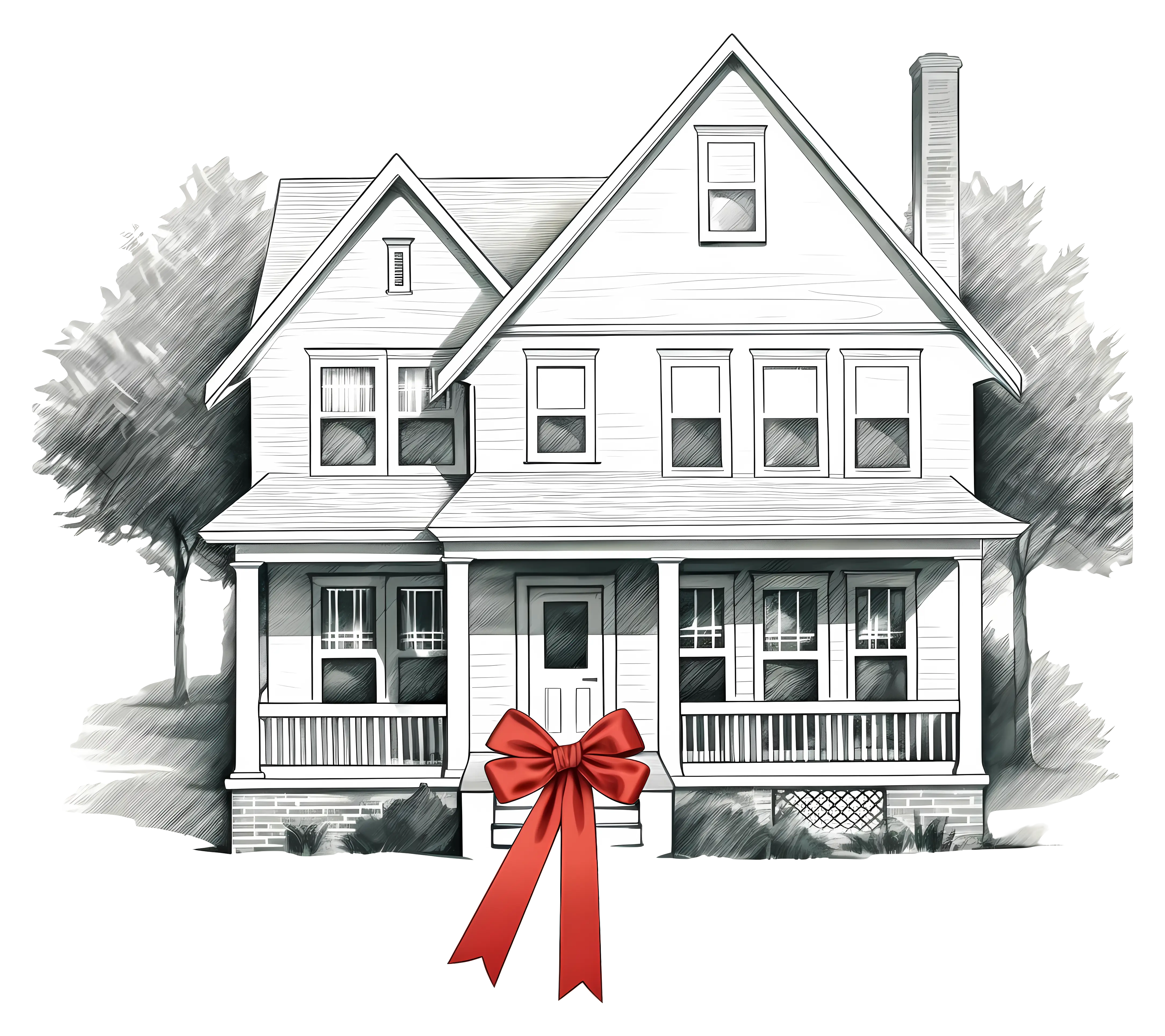 House Drawing with Red Bow Decoration