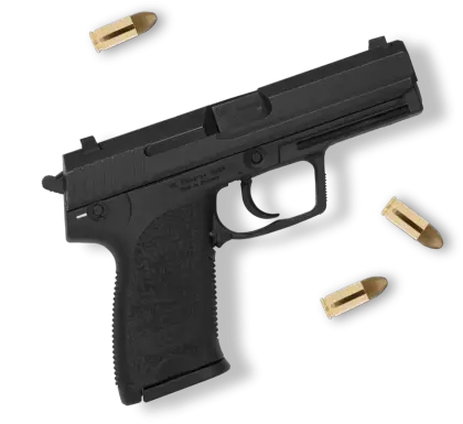 Black Handgun with Bullets on White Background