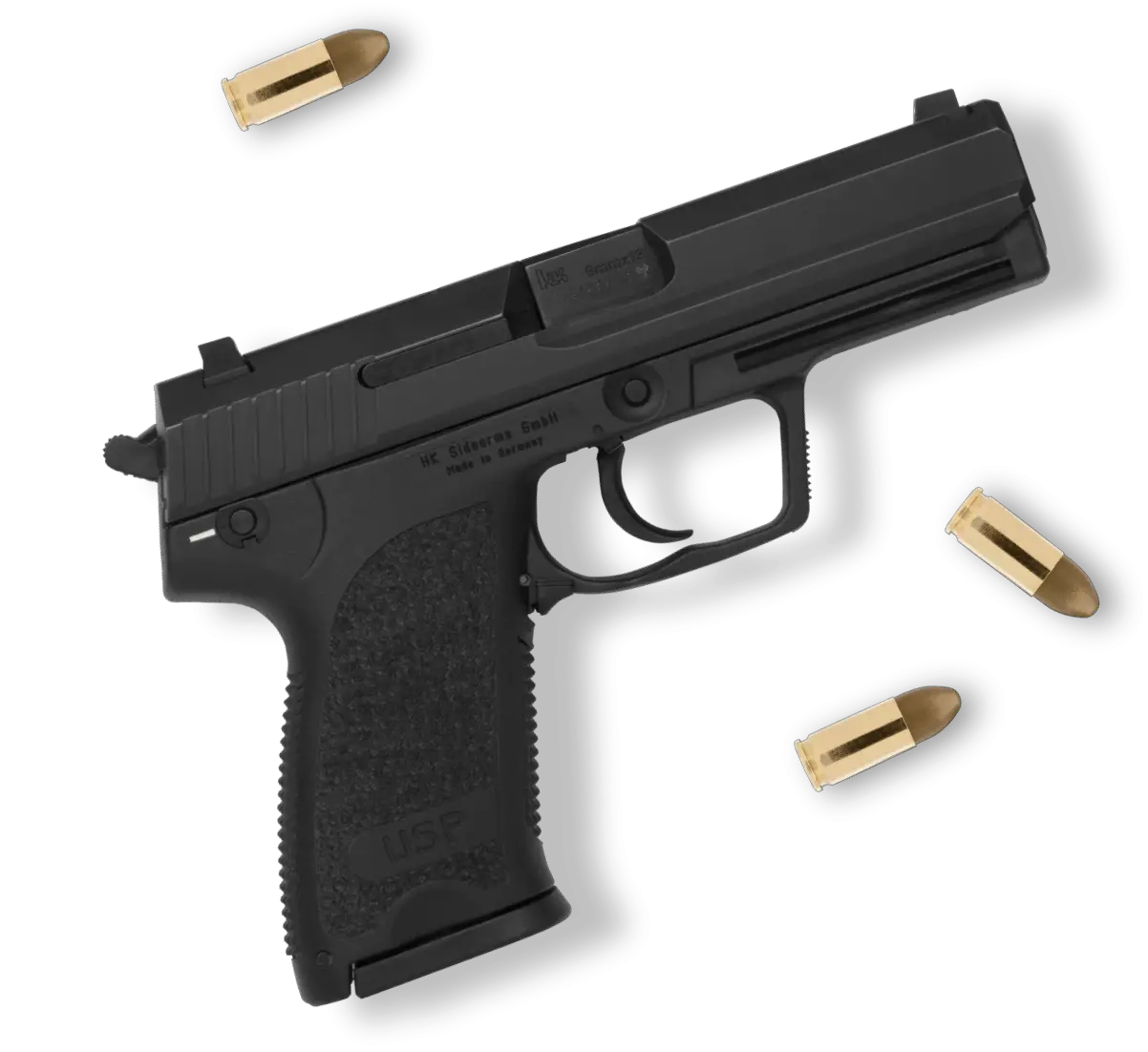 Black Handgun with Bullets on White Background
