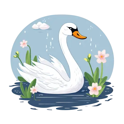 White Swan in a Pond with Blossoming Flowers