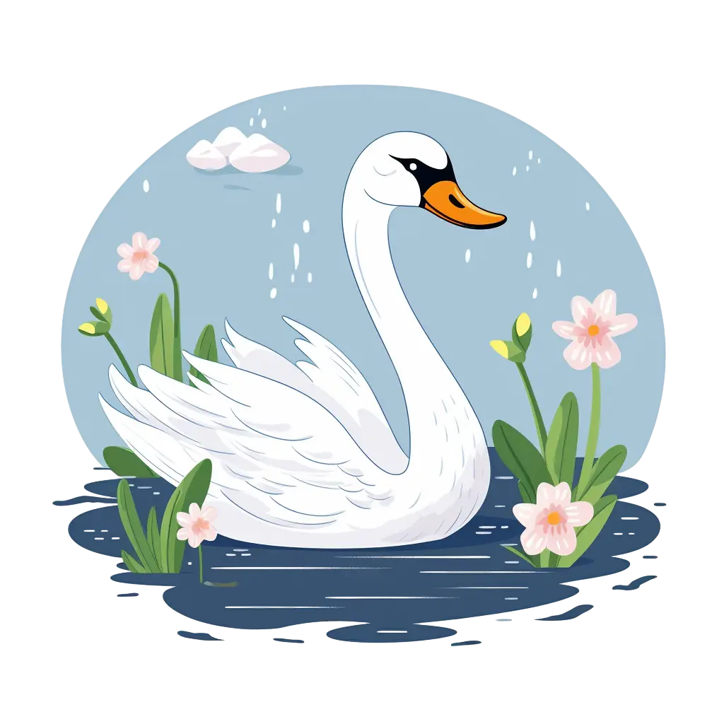 White Swan in a Pond with Blossoming Flowers