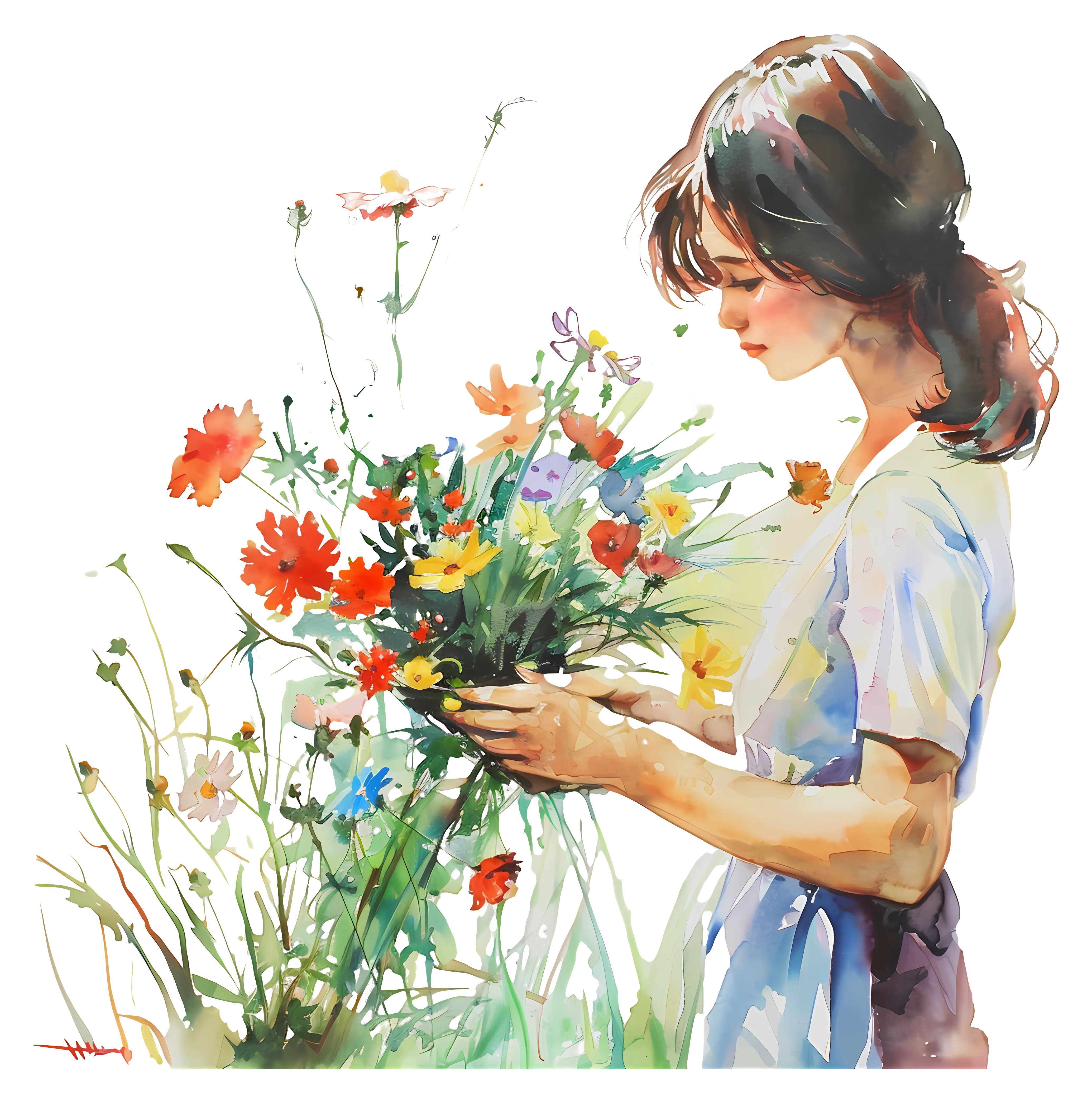Woman Holding a Bouquet of Colorful Flowers