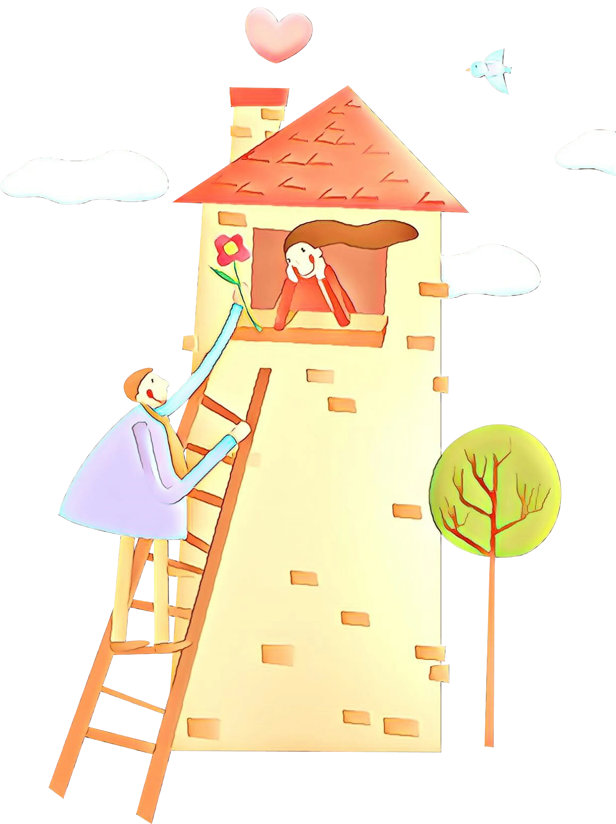 Romantic Tower Scene with Flowers and Ladder
