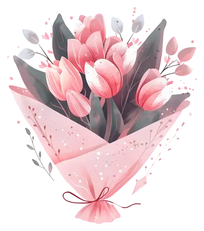 Bouquet of Pink Flowers in Cartoon Style