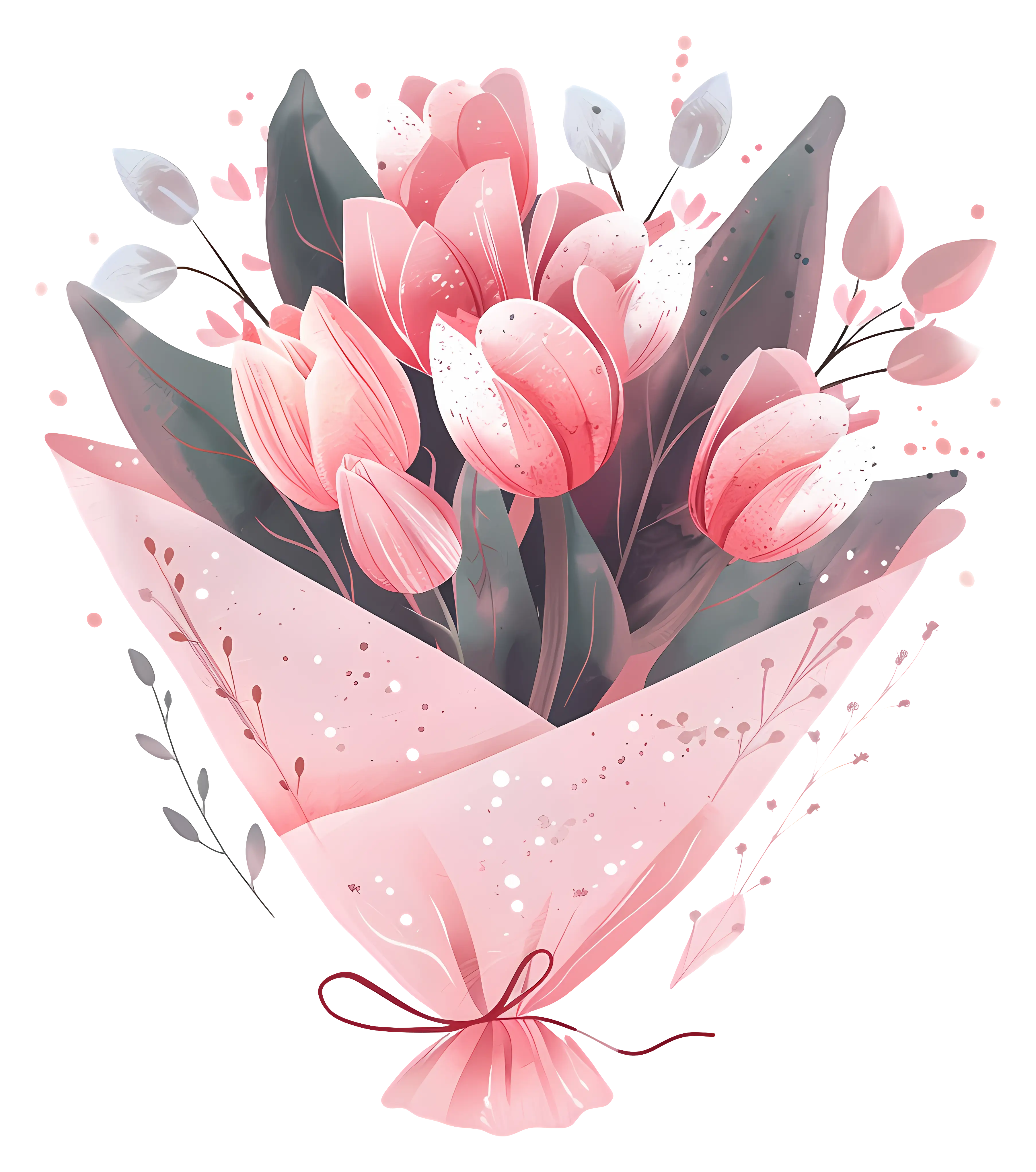 Bouquet of Pink Flowers in Cartoon Style