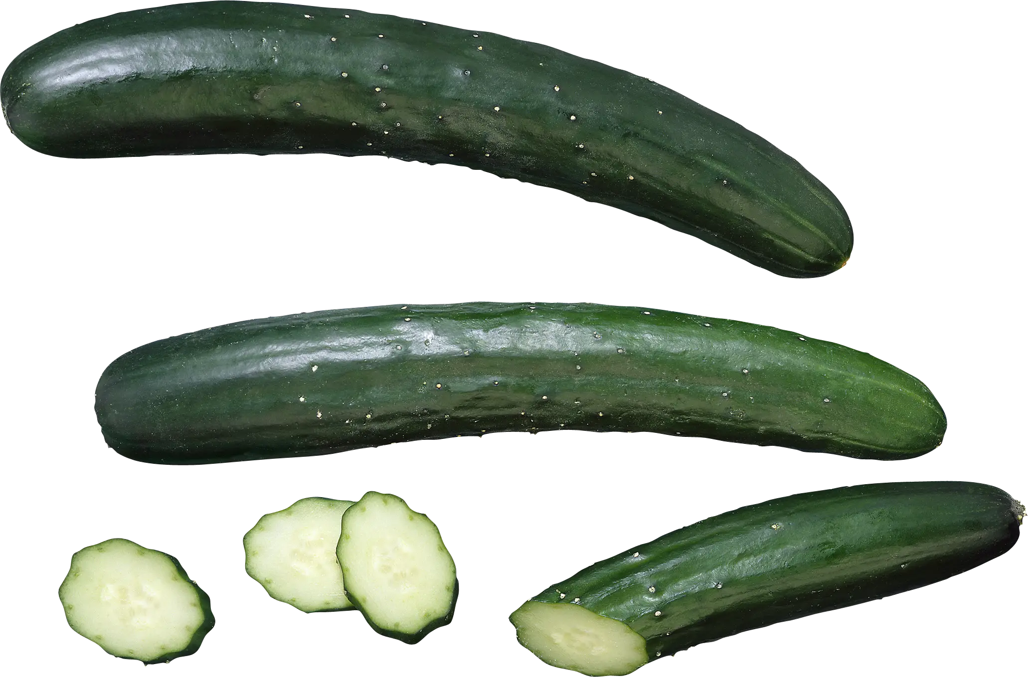 Whole and Sliced Green Cucumbers