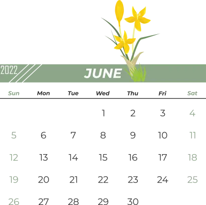 June 2022 Calendar with Yellow Daffodil Decoration