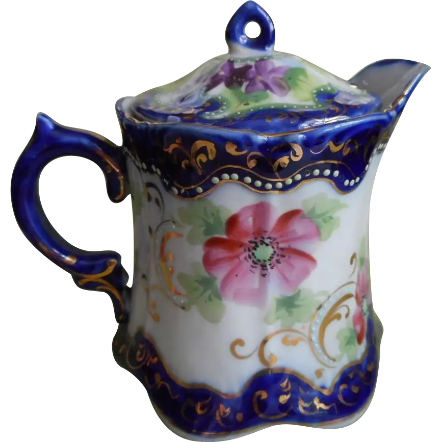 Floral Teapot with Blue and Pink Design