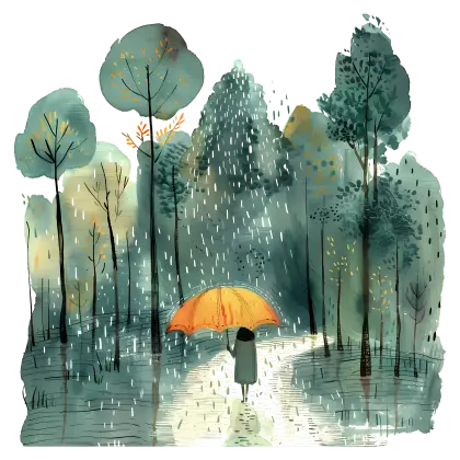Rainy Forest with Orange Umbrella Illustration