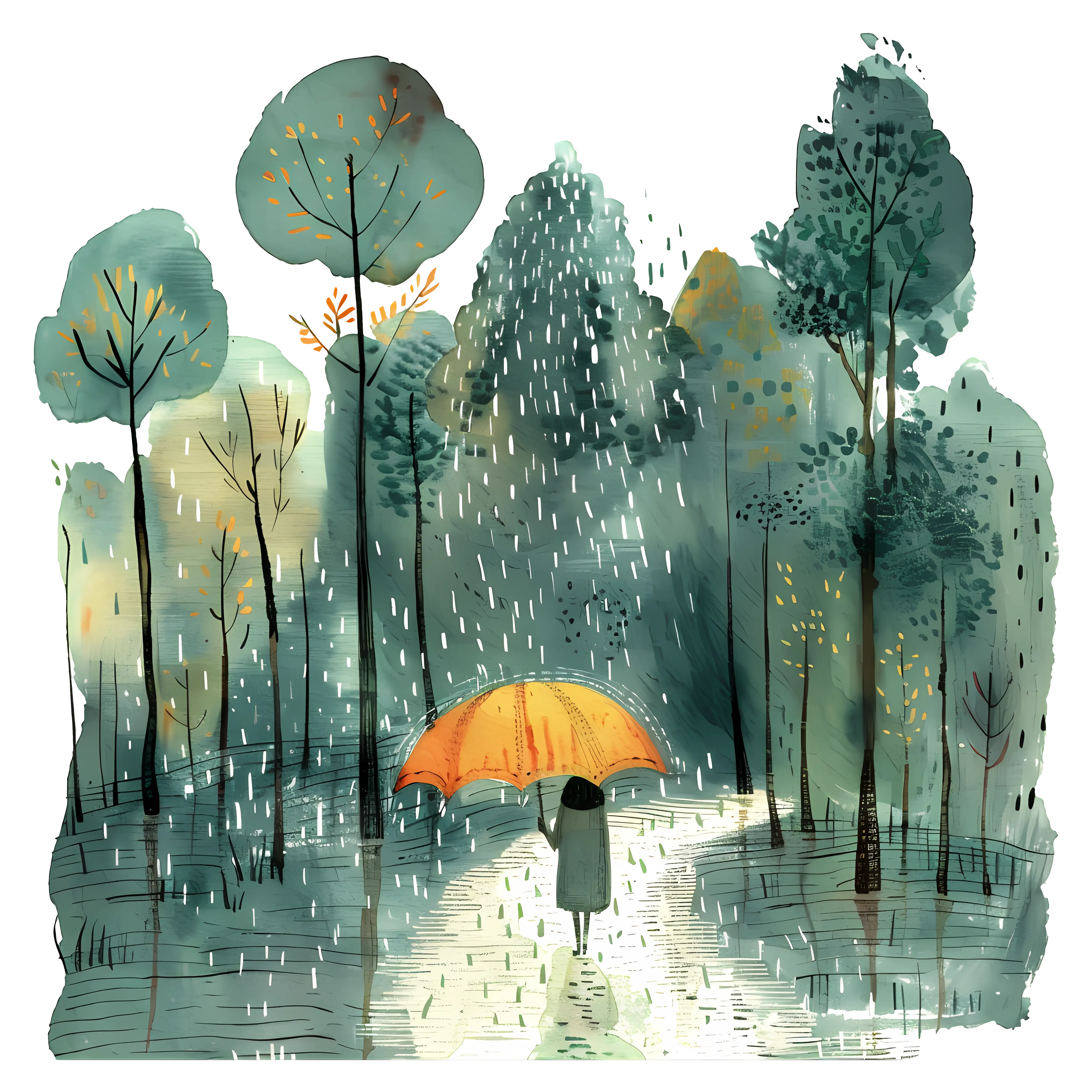 Rainy Forest with Orange Umbrella Illustration