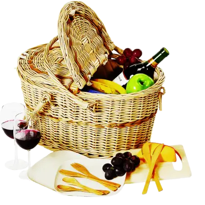 Rustic Picnic Basket with Food and Drink Illustration